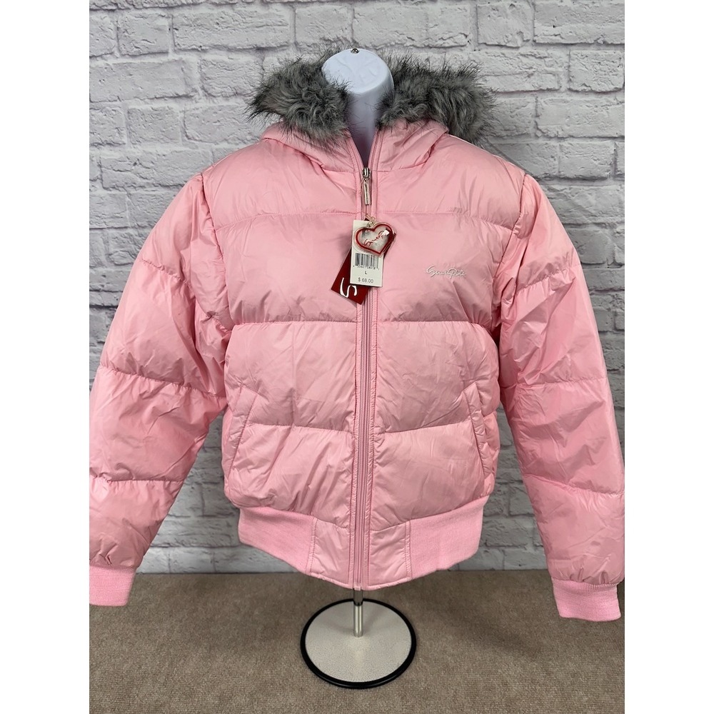 Southpole Vintage Pink Puffer Bomber Jacket Fur Hood Junior Collection Size M